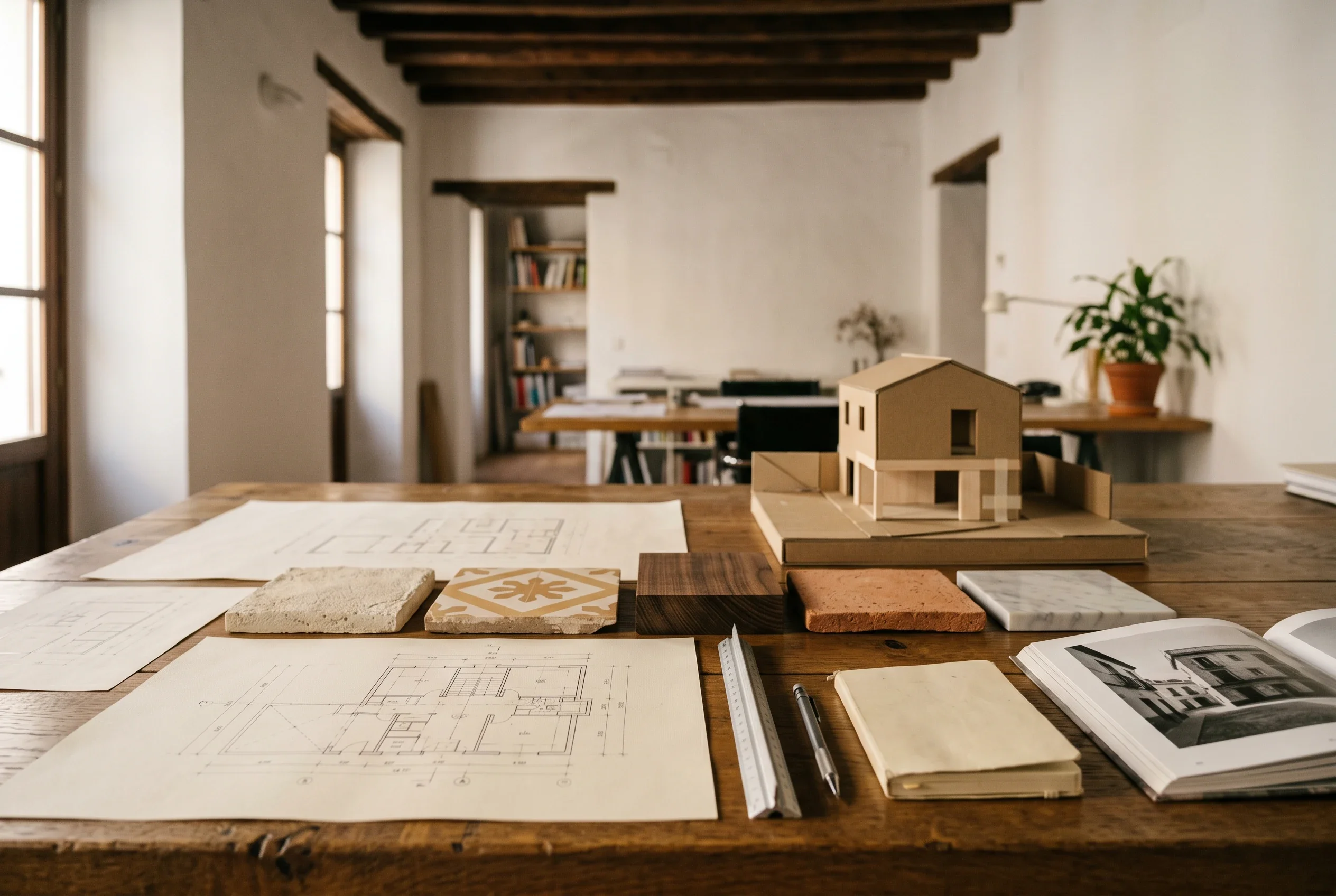 Mesa de trabajo del estudio Adarve en Sevilla, con planos, modelo de estudio y muestras de materiales