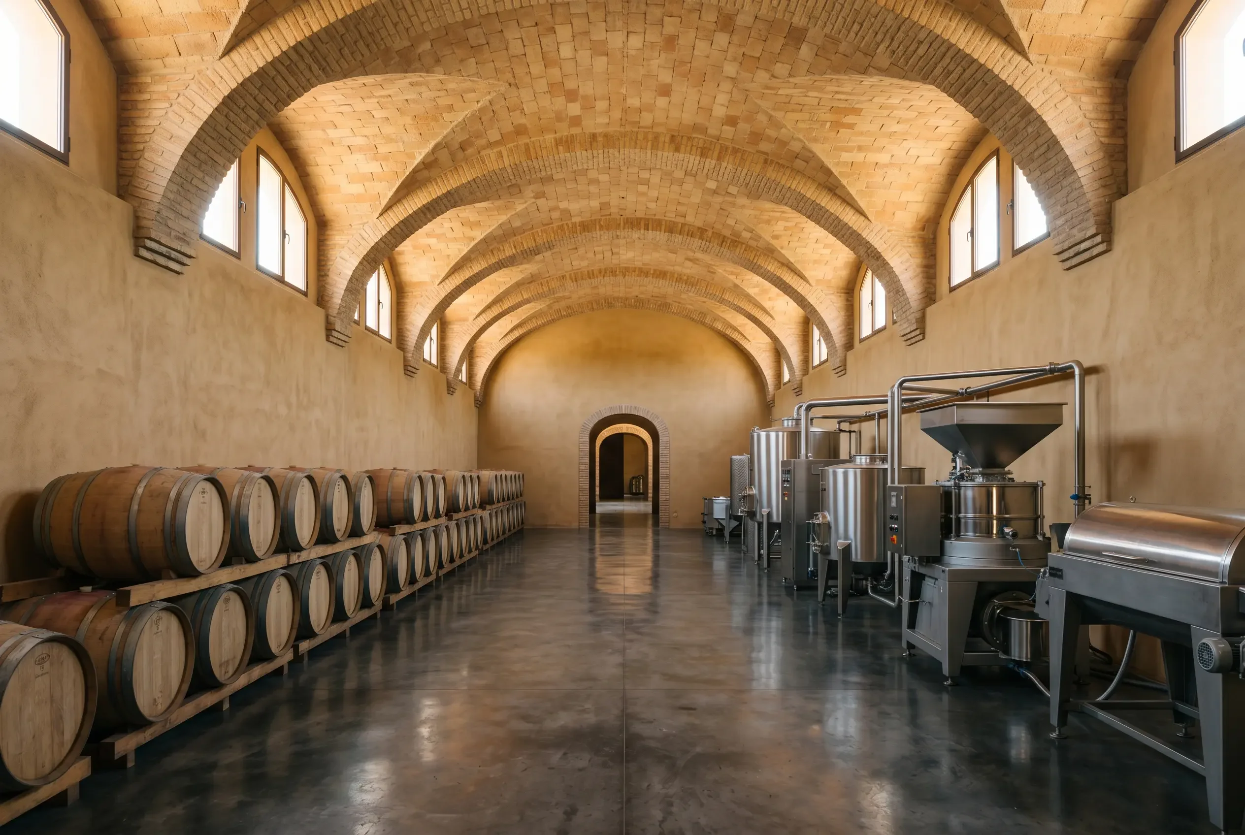 Bodega Almazara — bóveda de cañón de ladrillo macizo