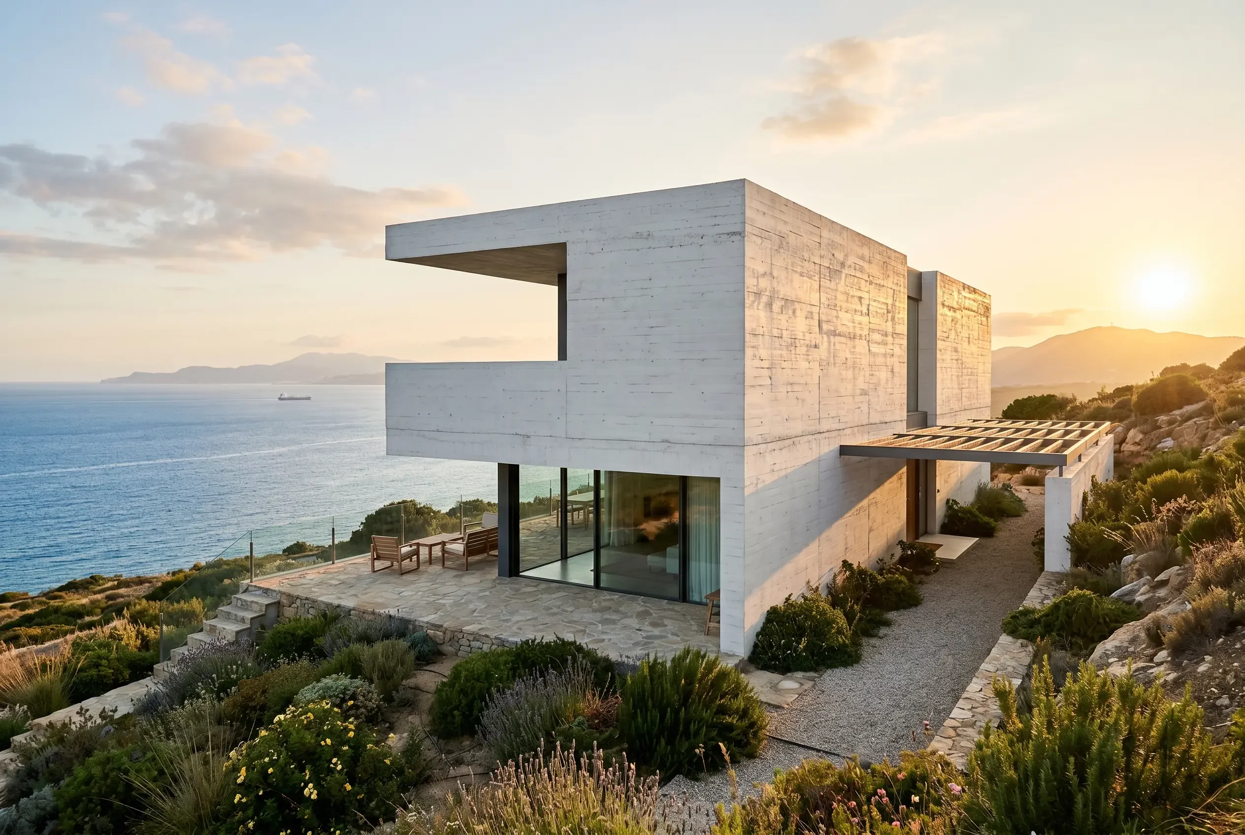 Casa Tarifa — fachada al estrecho de Gibraltar al atardecer