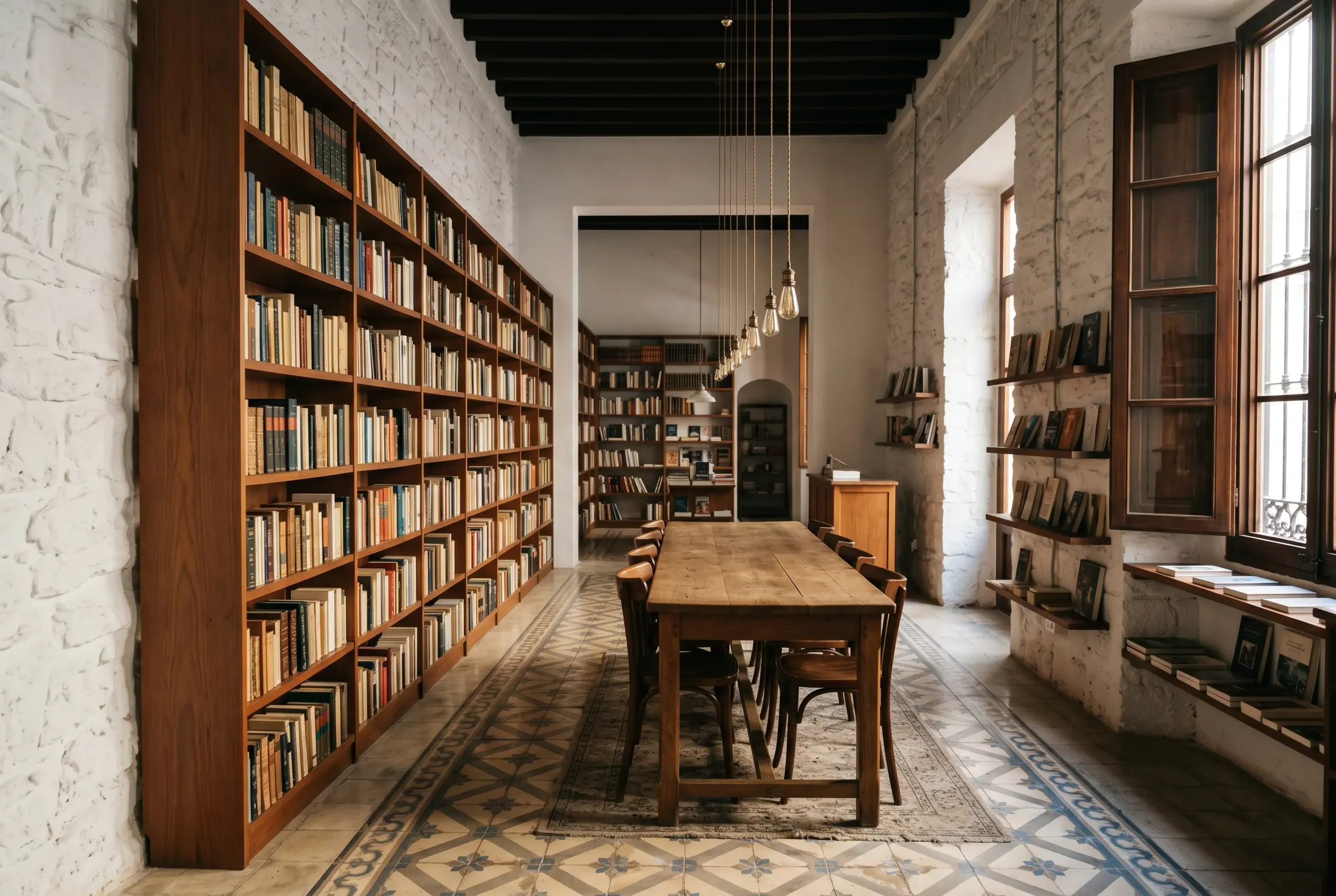 Librería Pópulo — interior con estanterías de castaño