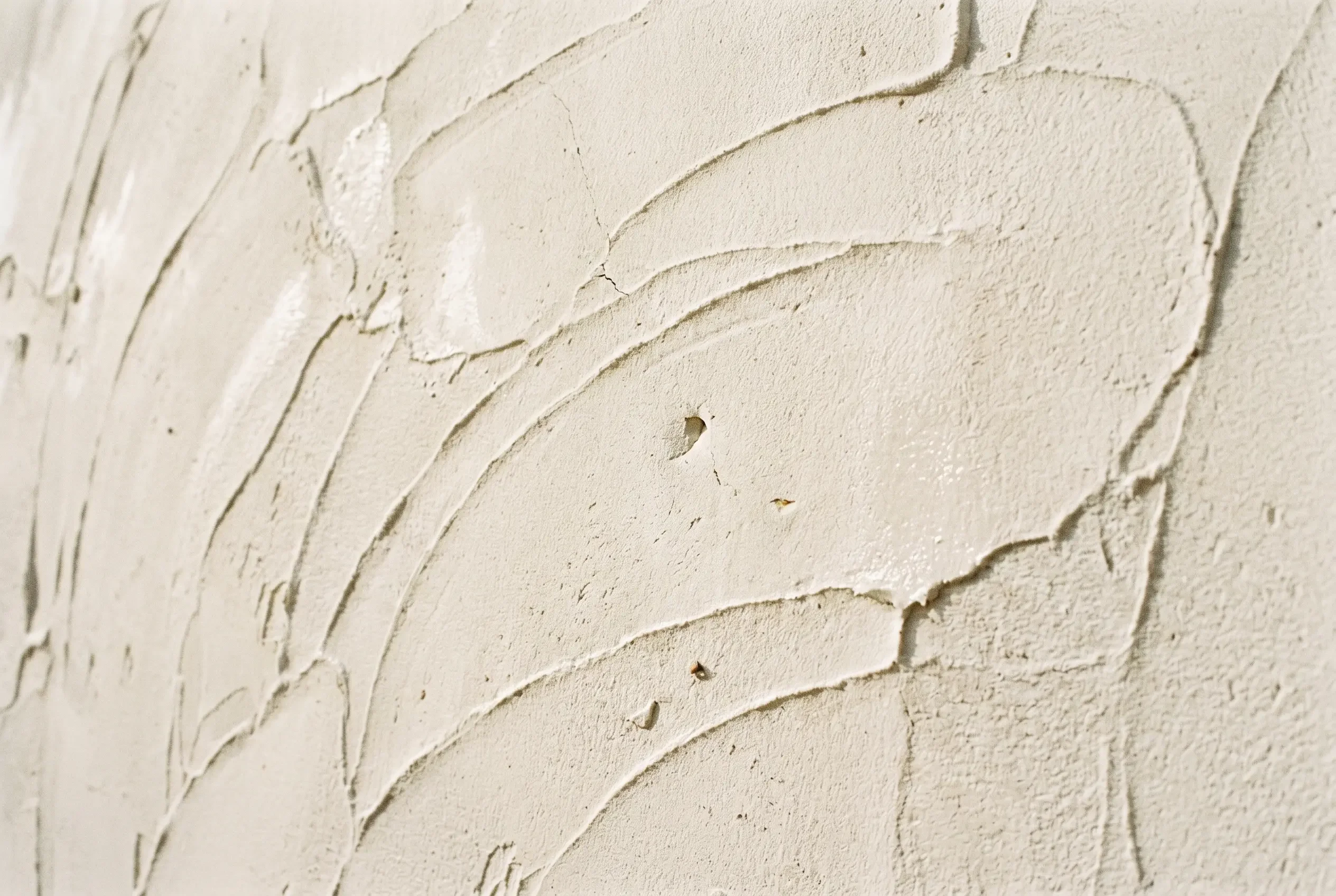 Detalle de una pared encalada a mano con cal en pasta, con la huella de la paleta visible en la superficie.
