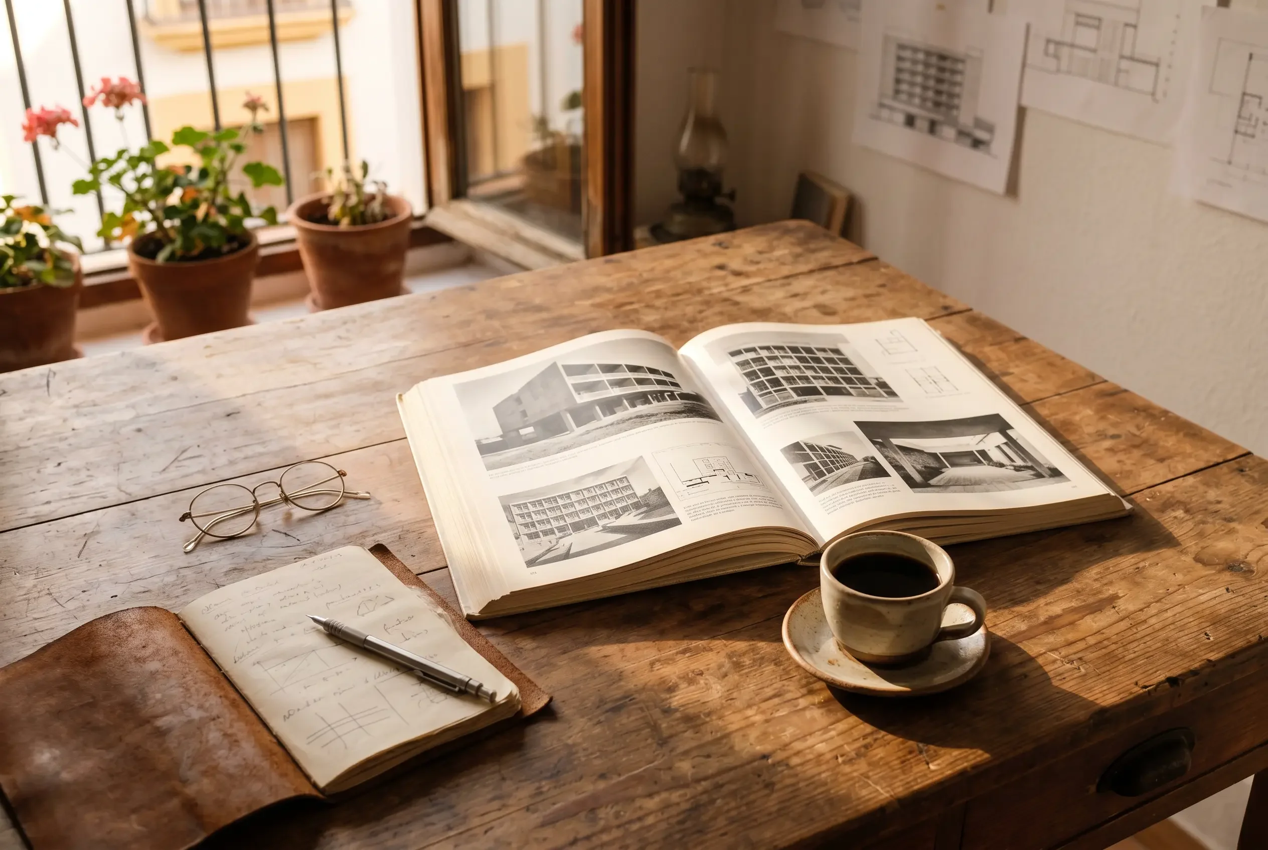 Mesa de trabajo con un libro abierto de arquitectura, una taza de café, gafas y un cuaderno con notas a lápiz, en luz cálida de tarde.