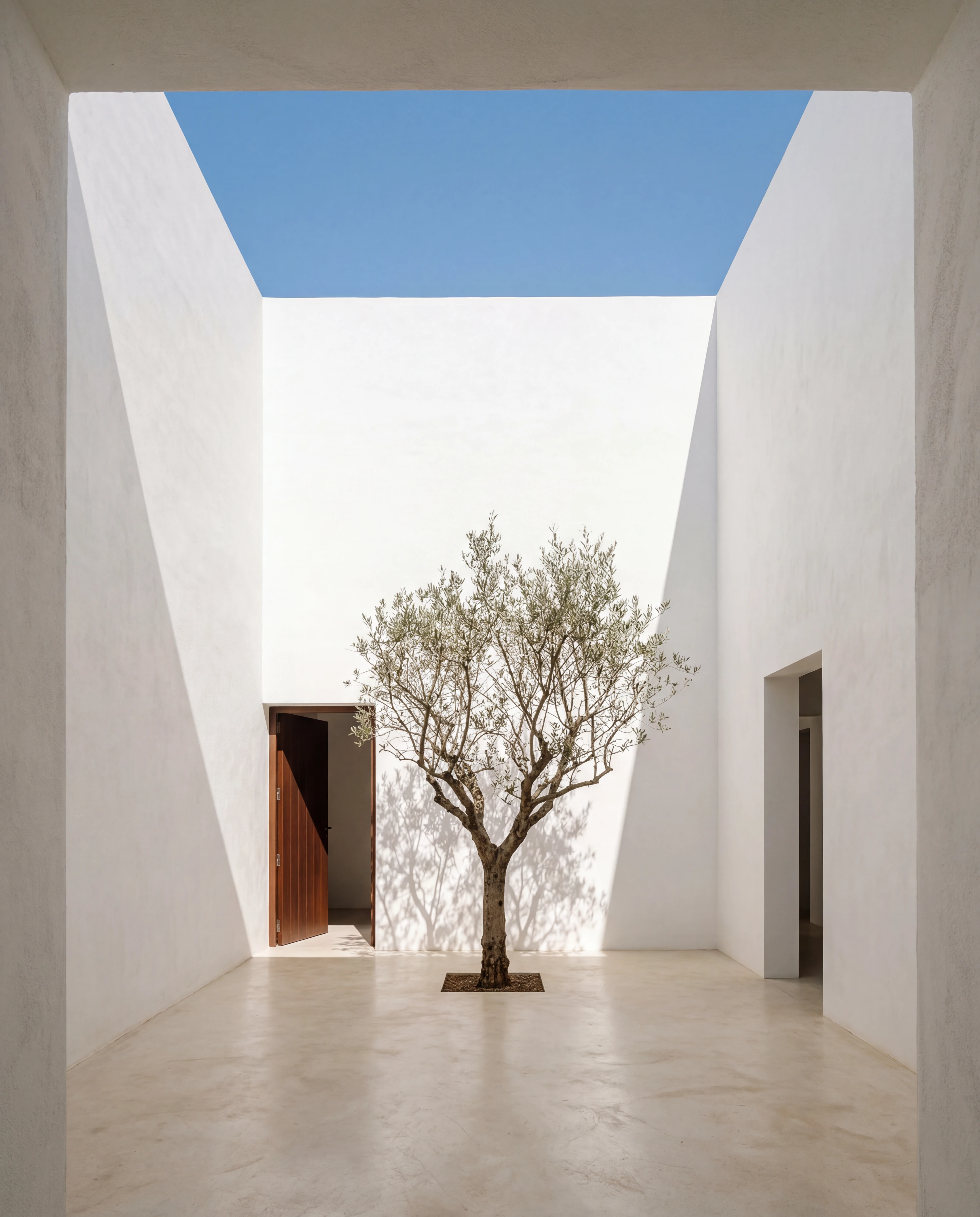 Casa entre cales — patio central con olivo, cal blanca y apertura cenital al cielo.