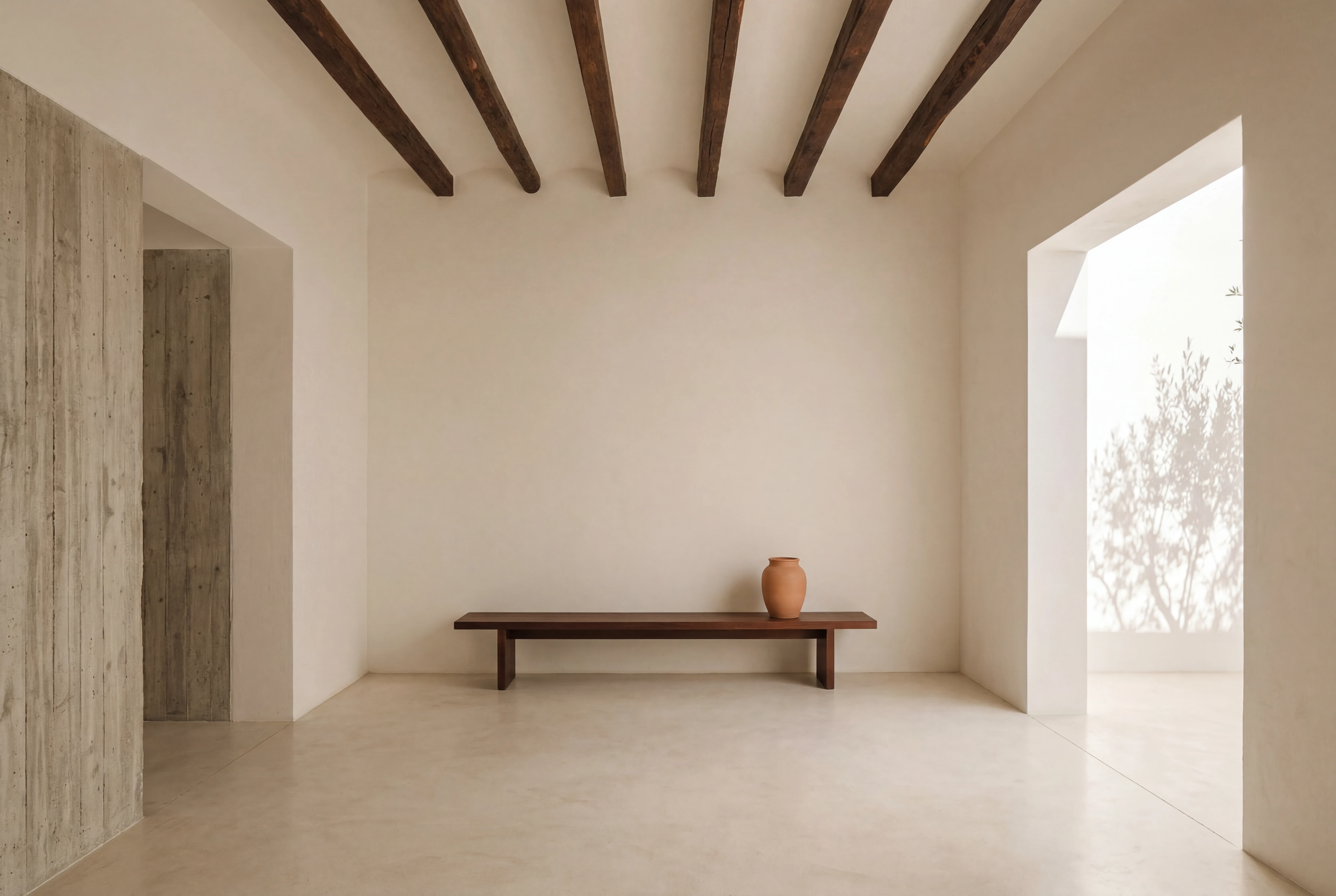 Casa entre cales — interior con vigas de castaño, banco y cerámica de terracota.