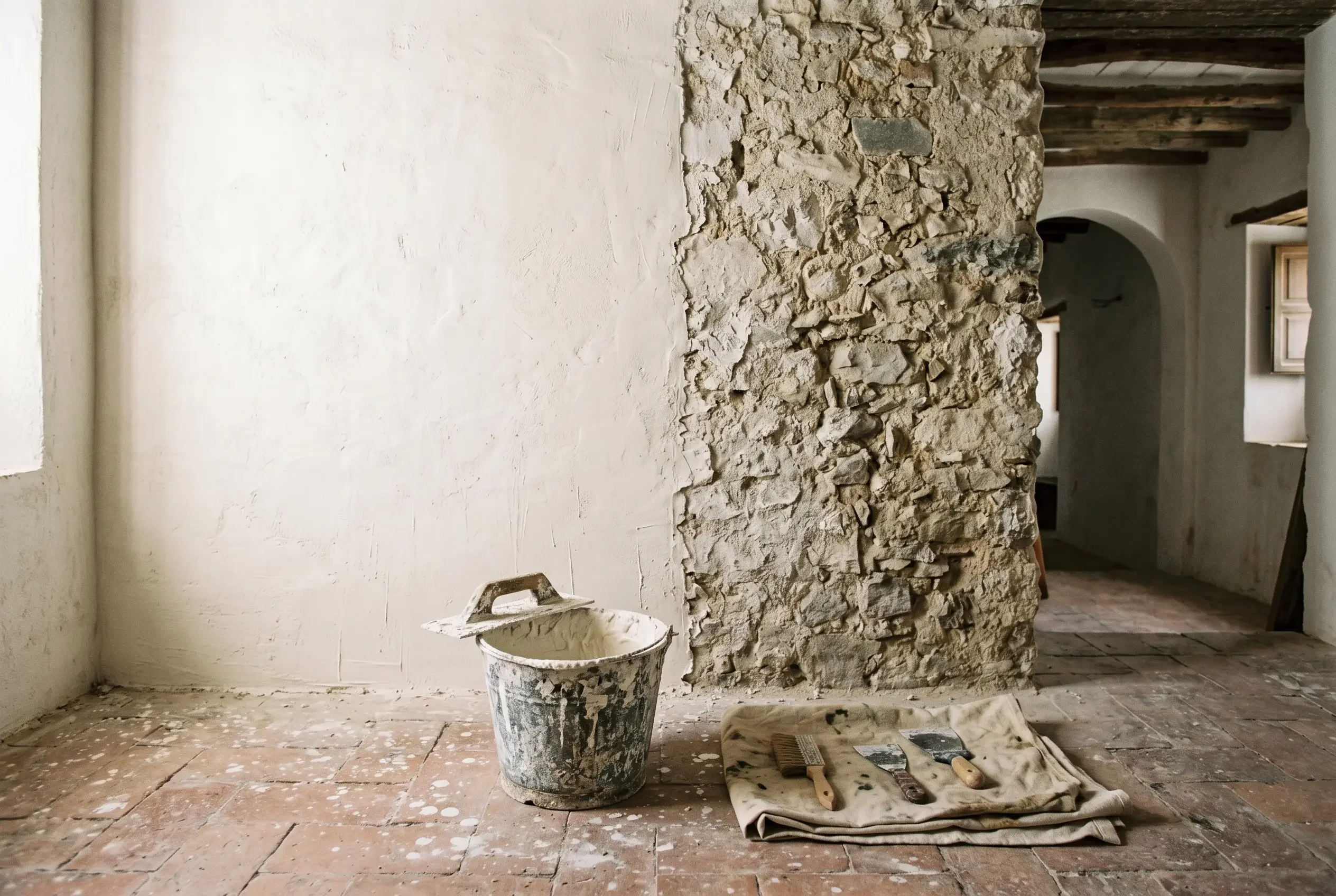 Interior de obra con un muro a medio encalar y un cubo de cal en pasta con paleta apoyada, en Casa entre cales.