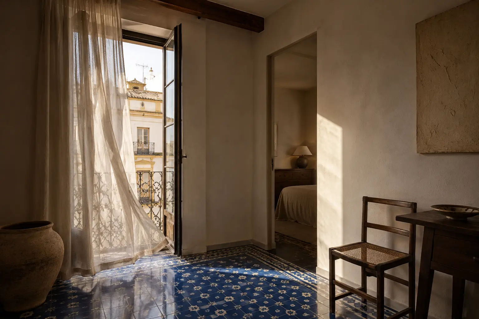 Apartamento Feria — fachada encalada con balcón de hierro en el Macarena sevillano