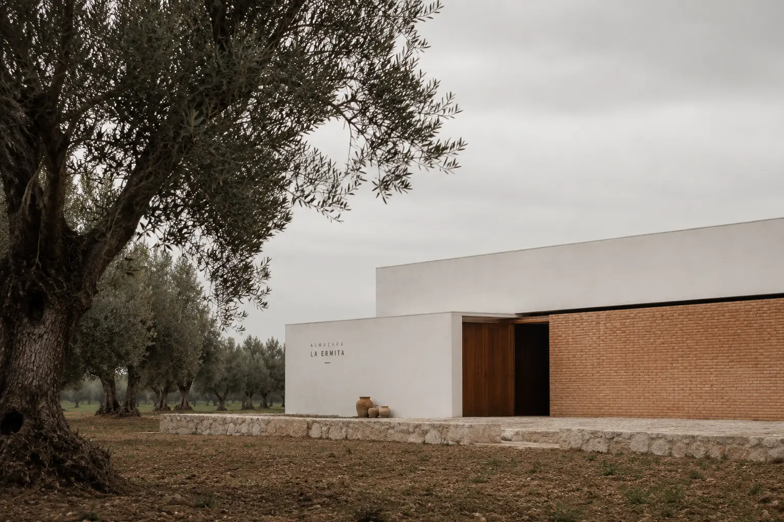 Bodega La Ermita — fachada de ladrillo y cal entre olivos
