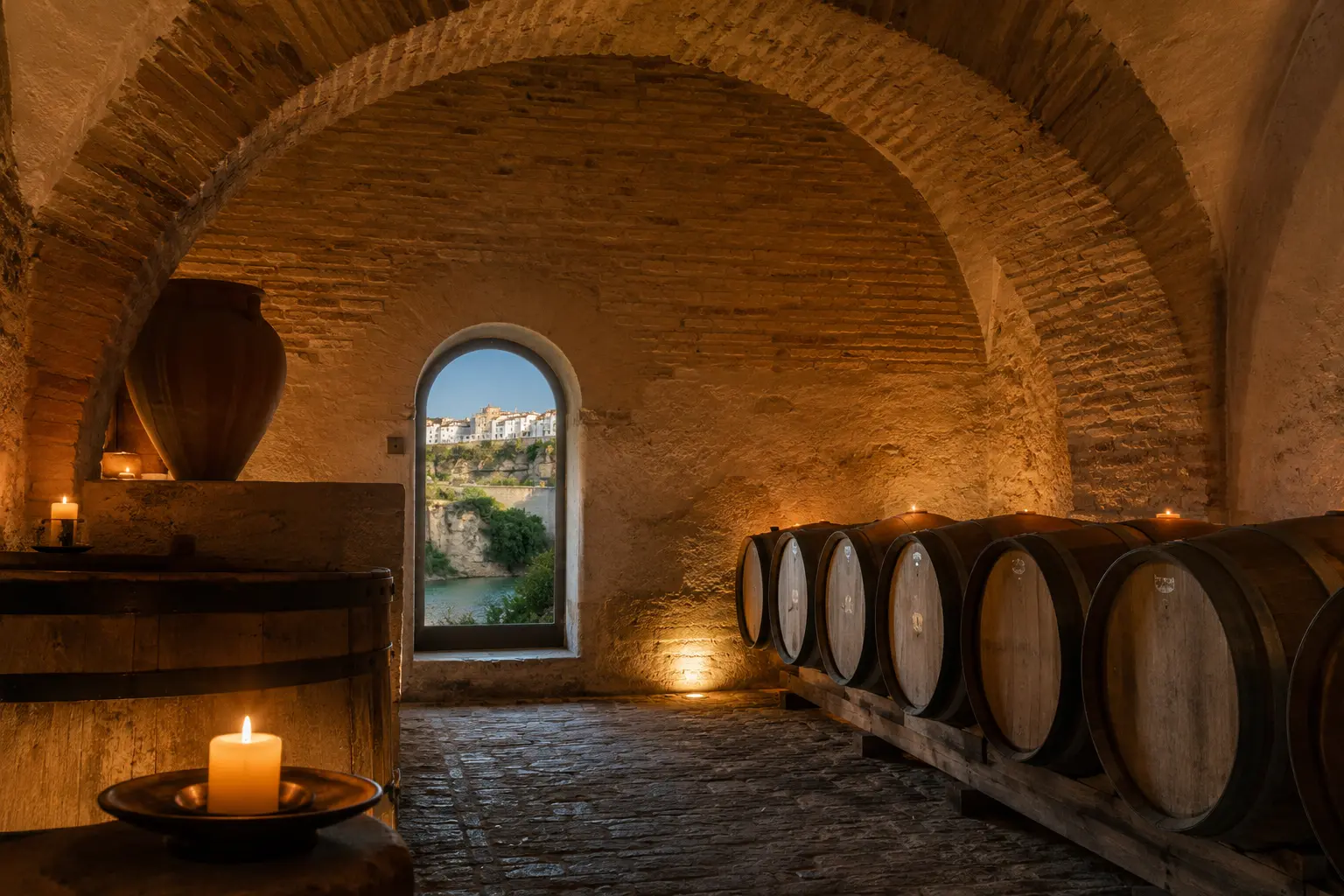 Bodega Tintilla — edificio de bodega entre viñas con el acantilado blanco de Arcos al fondo
