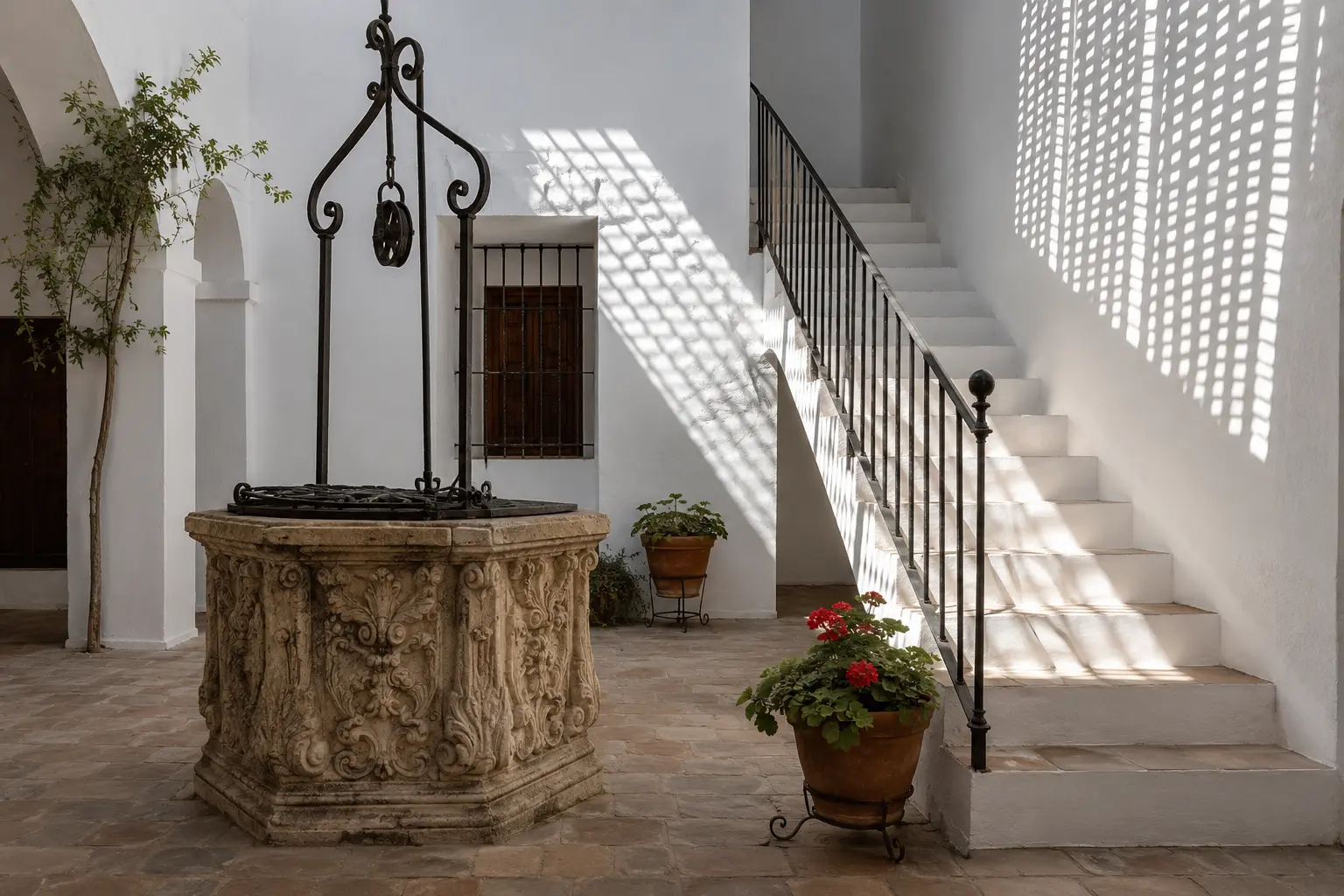 Casa de la Cal — casa encalada en calle de Osuna con ventana de piedra y geranios