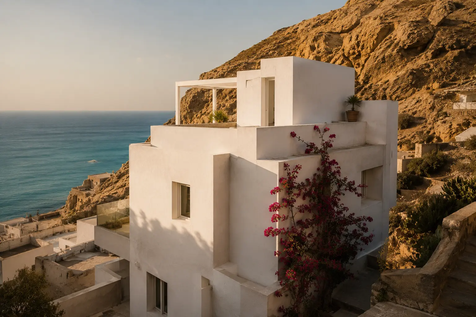 Casa de la Marina — volúmenes cúbicos blancos sobre el acantilado de La Chanca, Almería