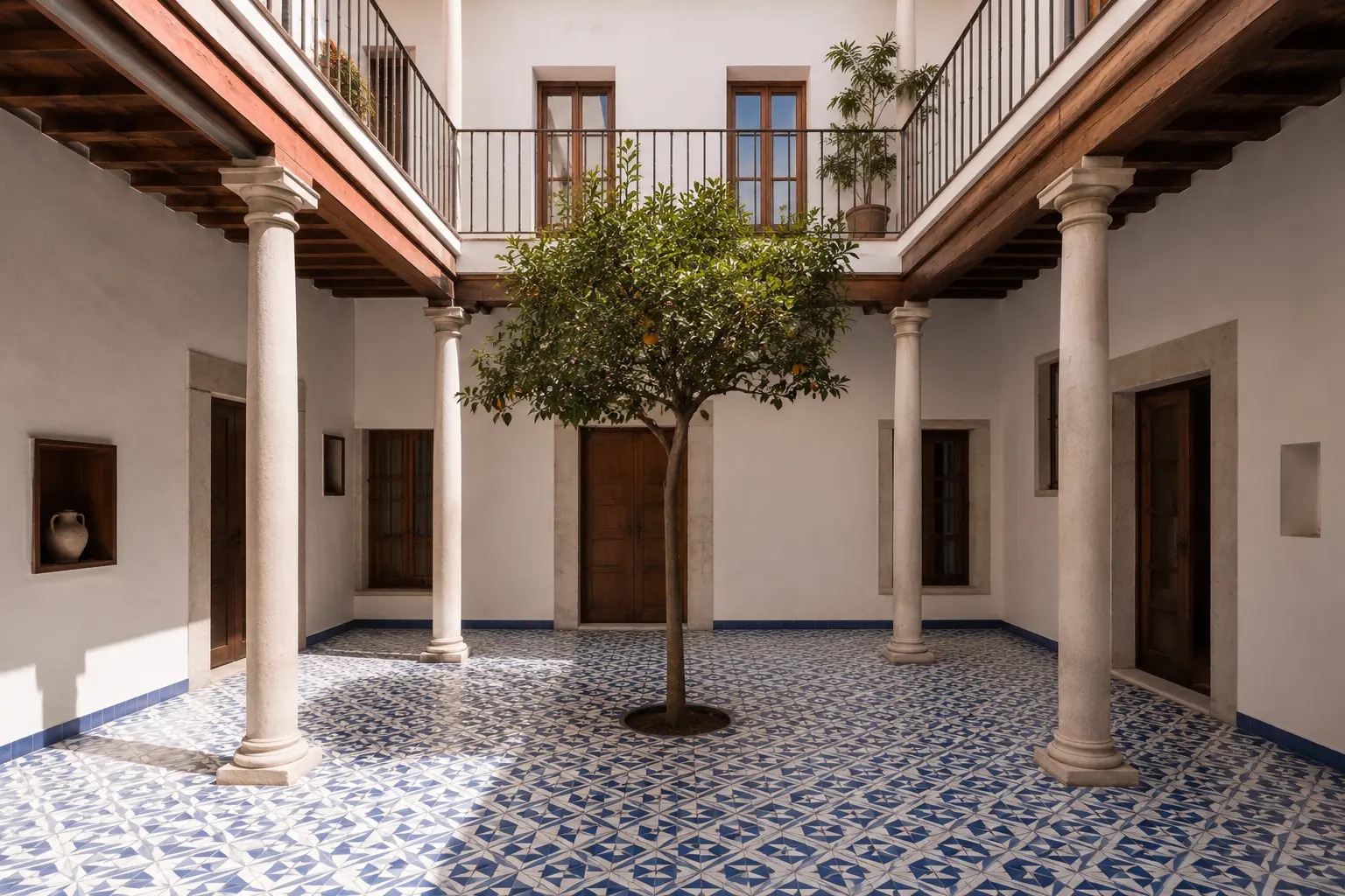 Casa-patio Pureza — patio con columnas, suelo hidráulico azul y naranjo