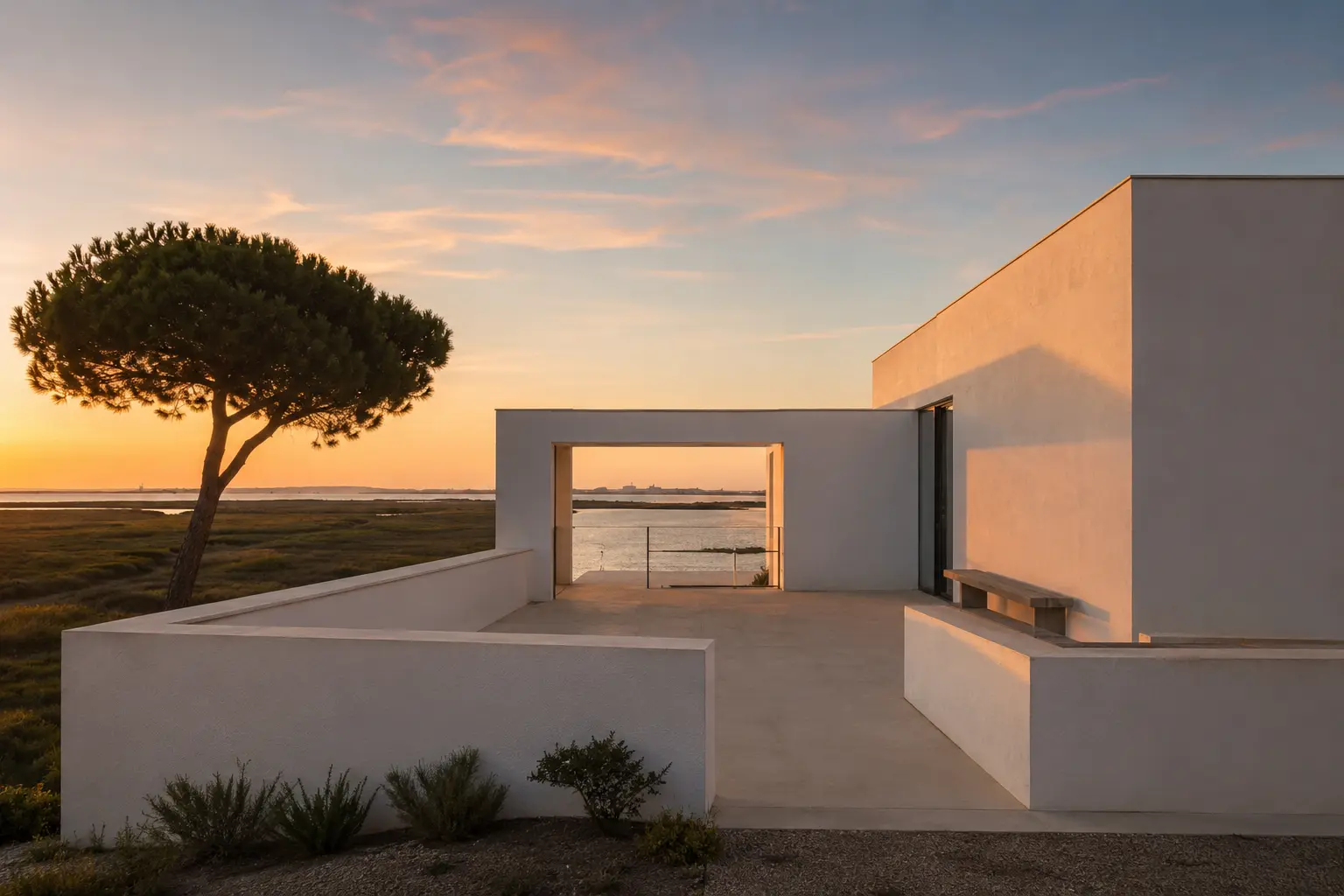 Casa Salinas — casa cúbica blanca en las marismas de San Fernando con cielo rosado