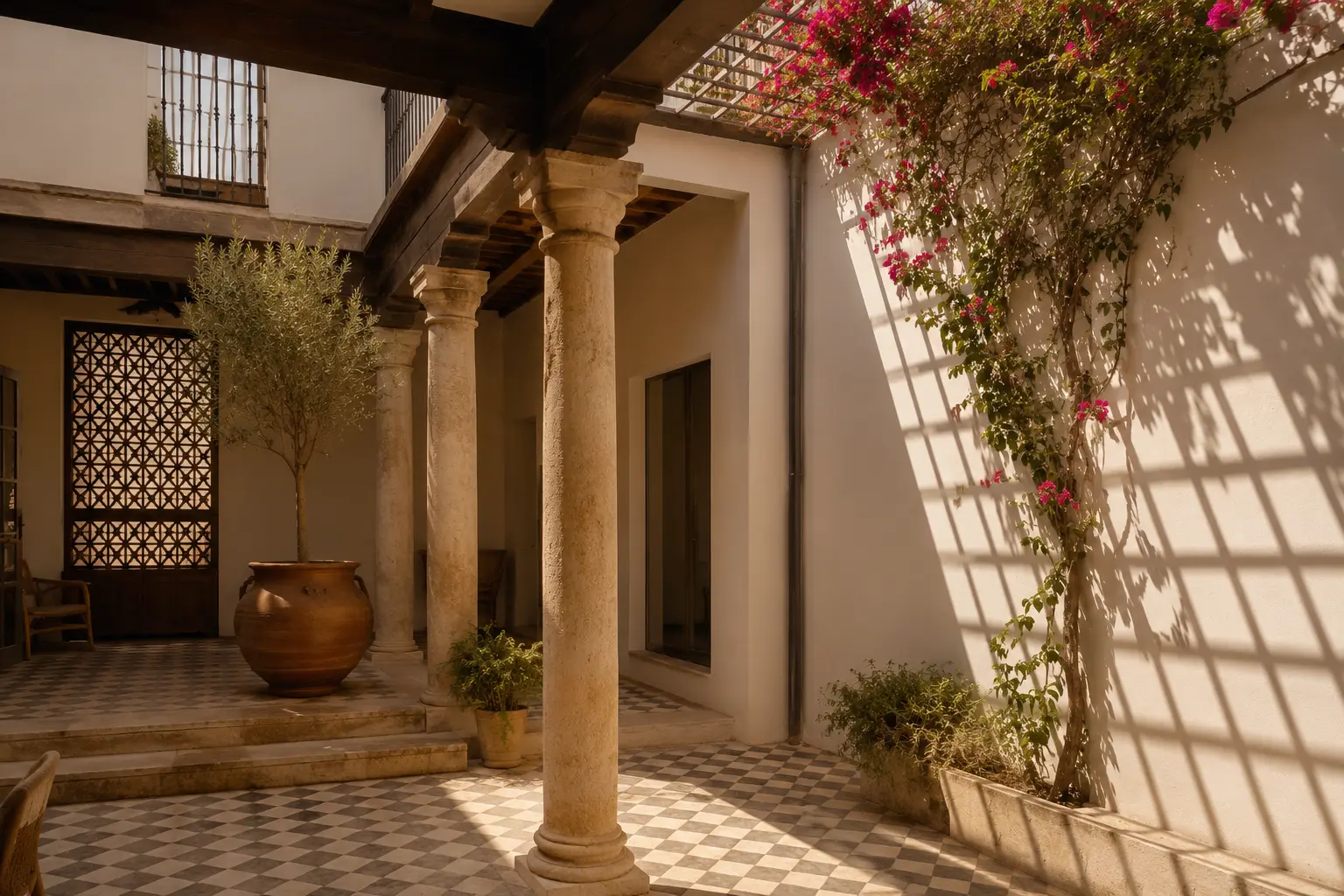 Casa Tabanco — fachada de cal y piedra en callejón de Jerez con sombra de mediodía