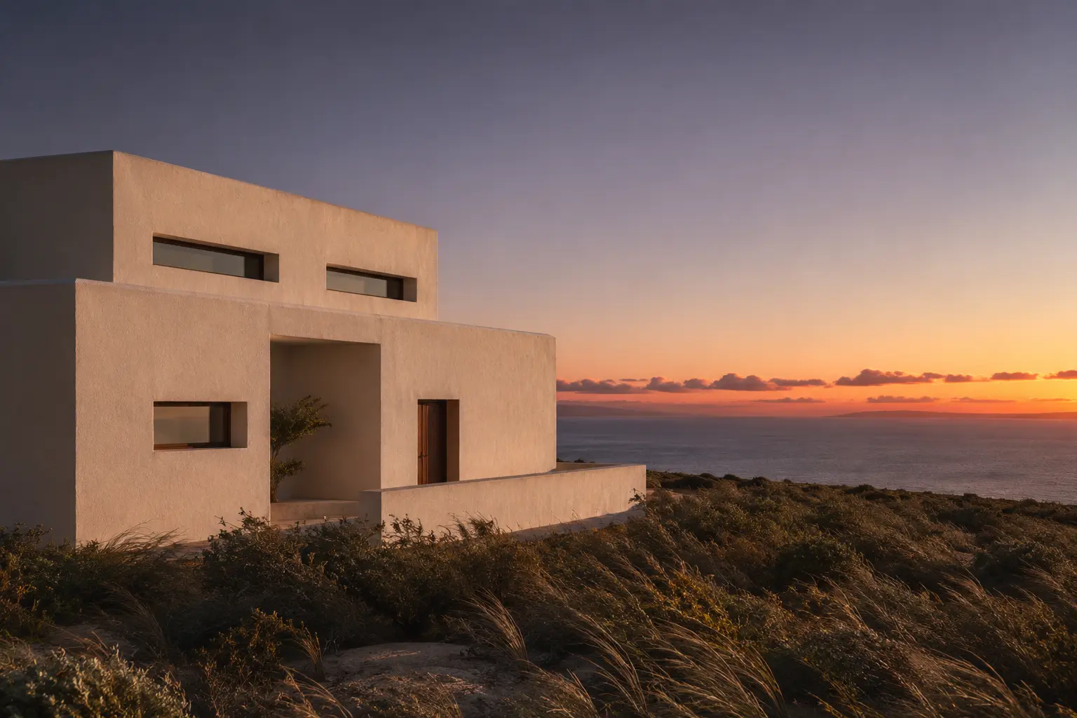 Casa Tarifa — volumen de obra nueva al atardecer sobre el Estrecho de Gibraltar