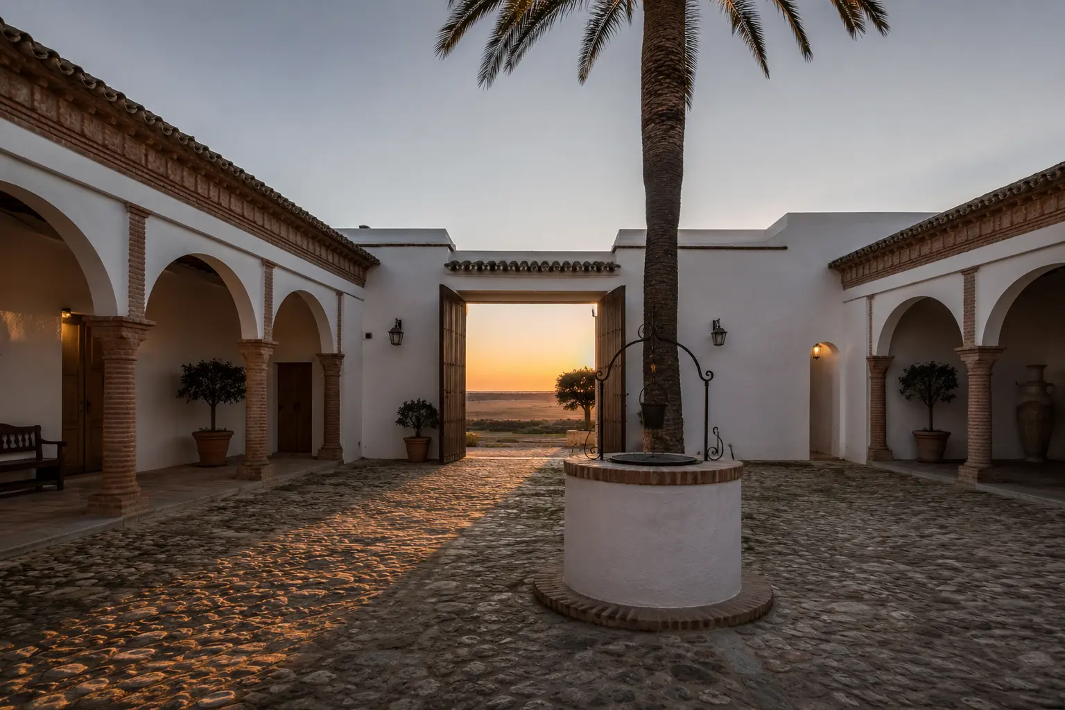 Cortijo del Aljarafe — cortijo tradicional con puerta de madera en la llanura del Aljarafe al crepúsculo