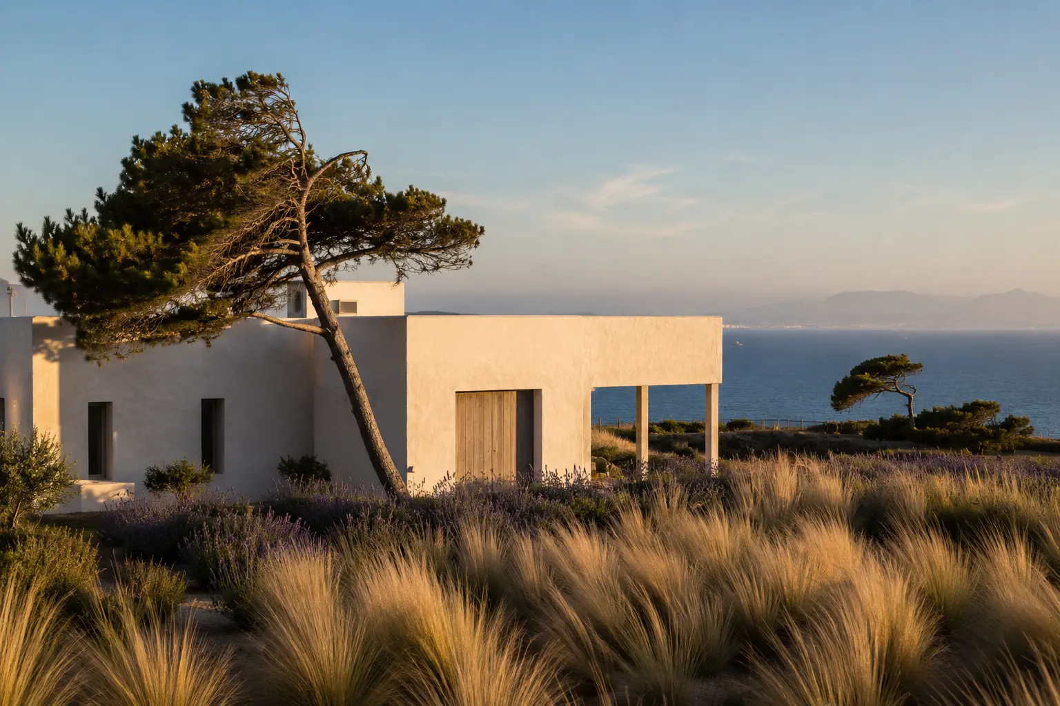 Cortijo del Viento — casa blanca cúbica en Tarifa con pino doblado por el viento y el Estrecho