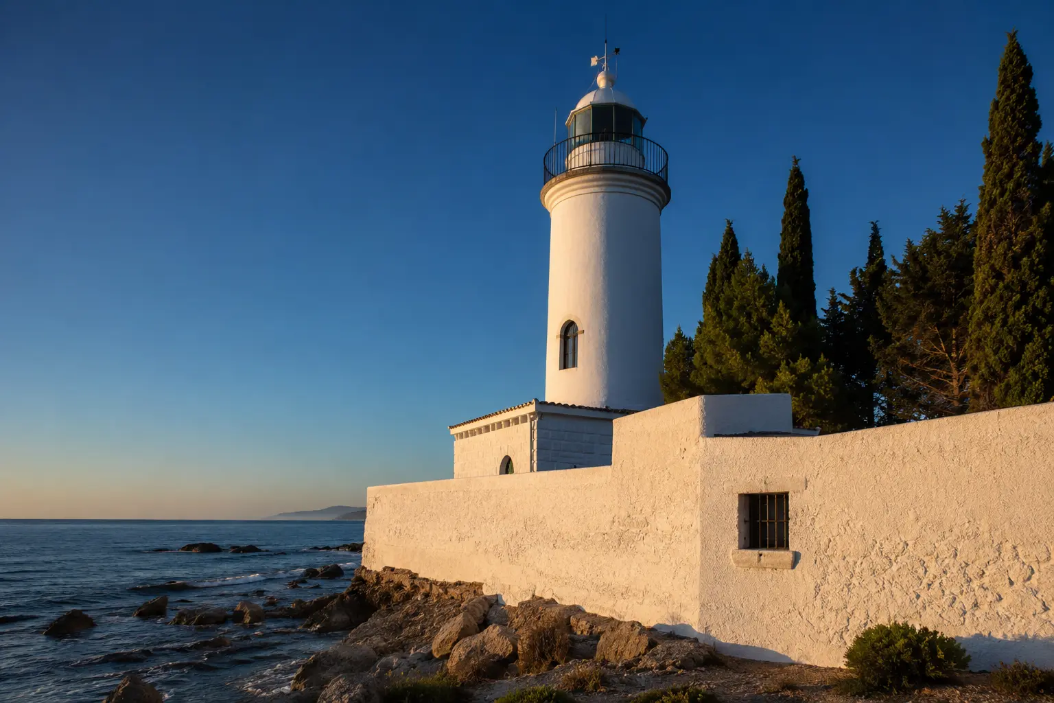 Faro de Calaburras — torre cilíndrica blanca del siglo XIX frente al Mediterráneo en Mijas