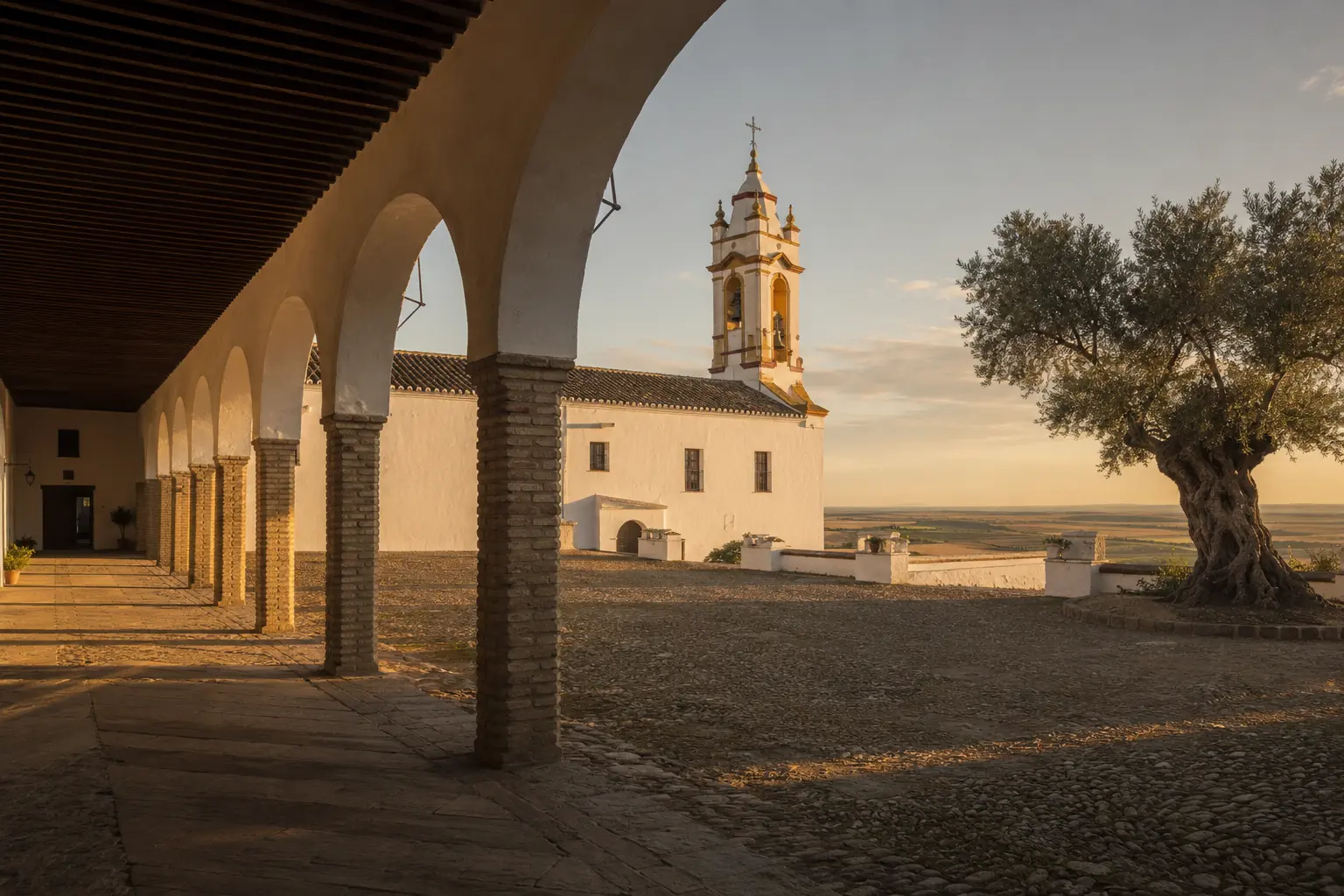 Hacienda San Ildefonso — galería porticada del siglo XVIII en Carmona con patio empedrado
