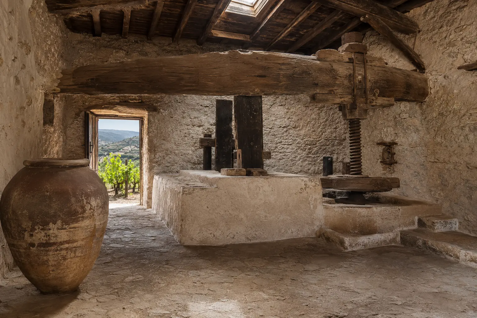 Lagar de Almijara — edificio de piedra rehabilitado con vid de moscatel en ladera de Cómpeta