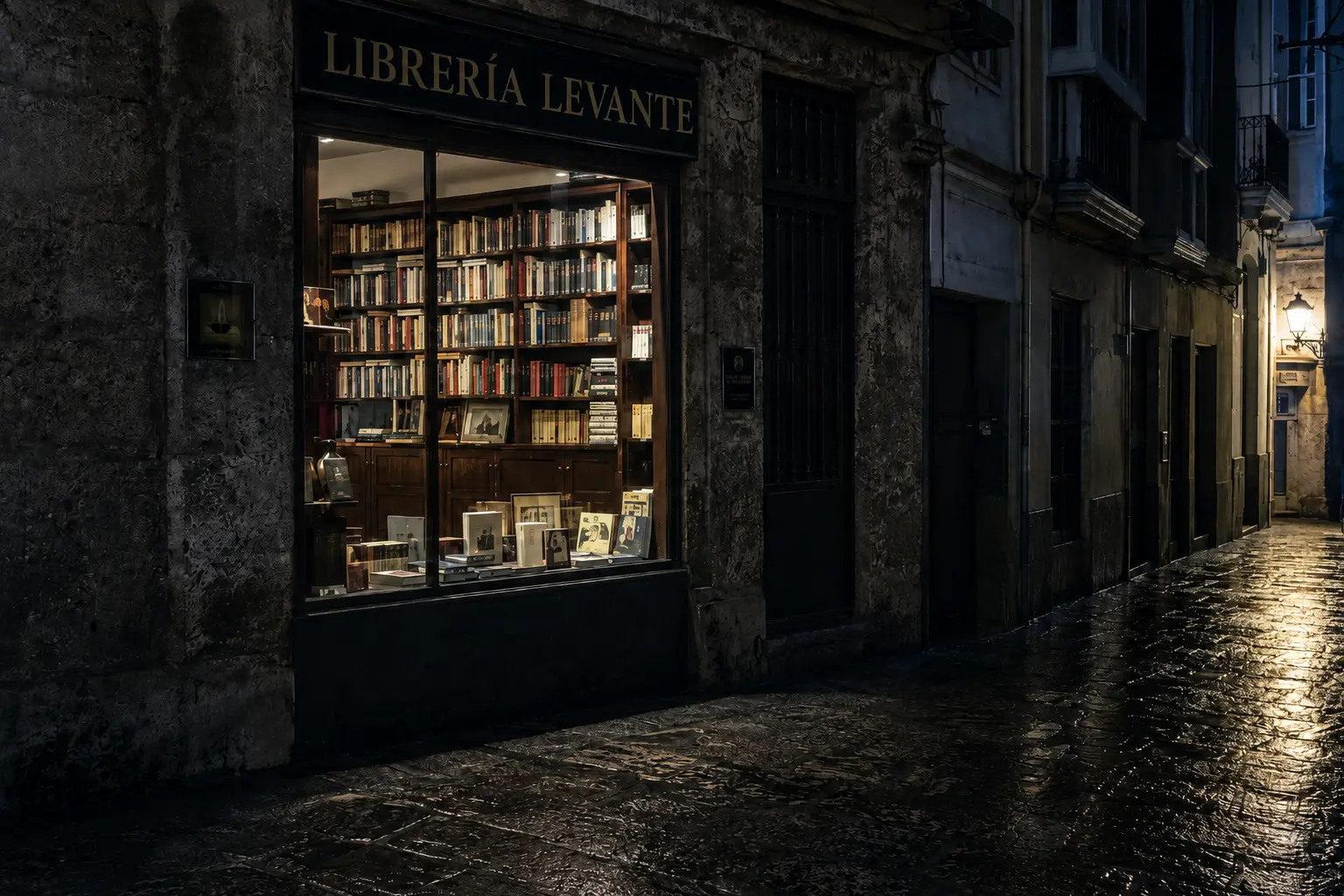 Librería Levante — fachada iluminada de noche bajo la lluvia