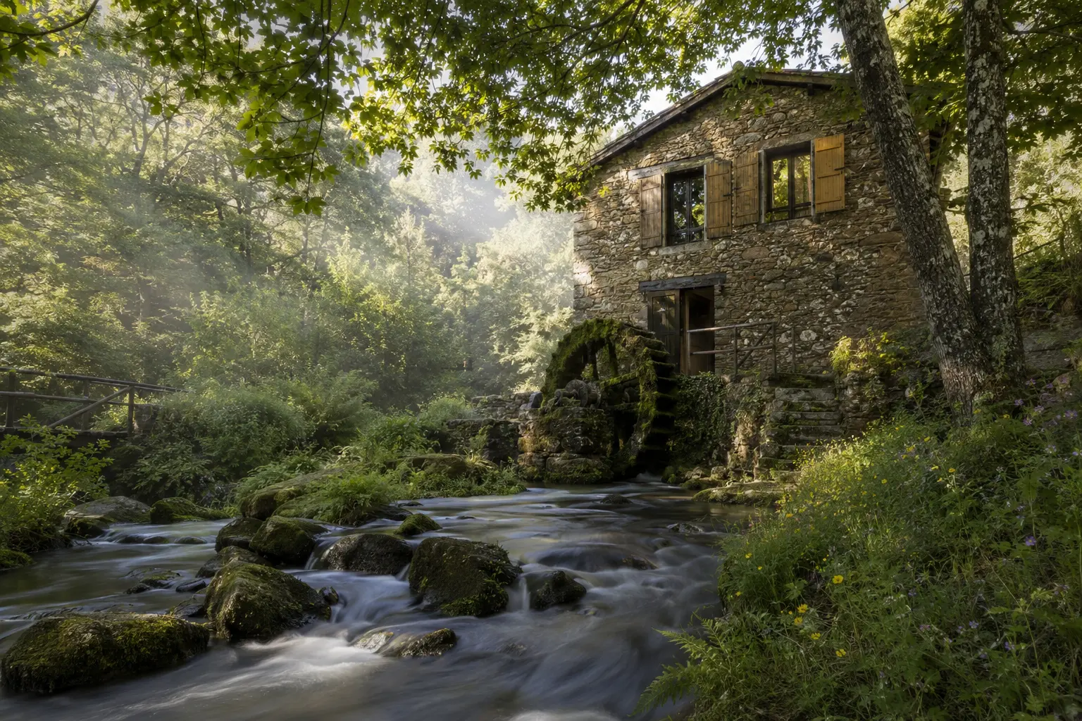 Molino de la Vega — molino de agua rehabilitado junto a arroyo en Alájar con niebla matinal