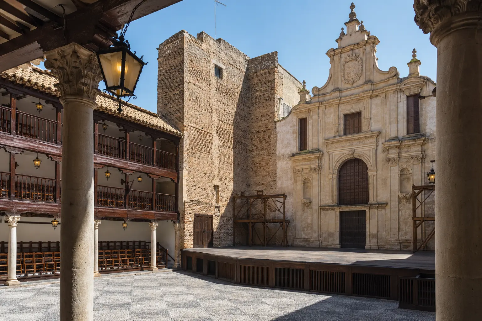 Patio de Comedias — fachada barroca con portal de piedra caliza y torre en Écija, Sevilla