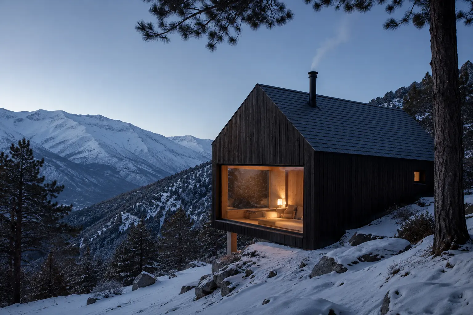 Refugio Sierra Nevada — volumen de madera oscura entre pinos nevados al amanecer