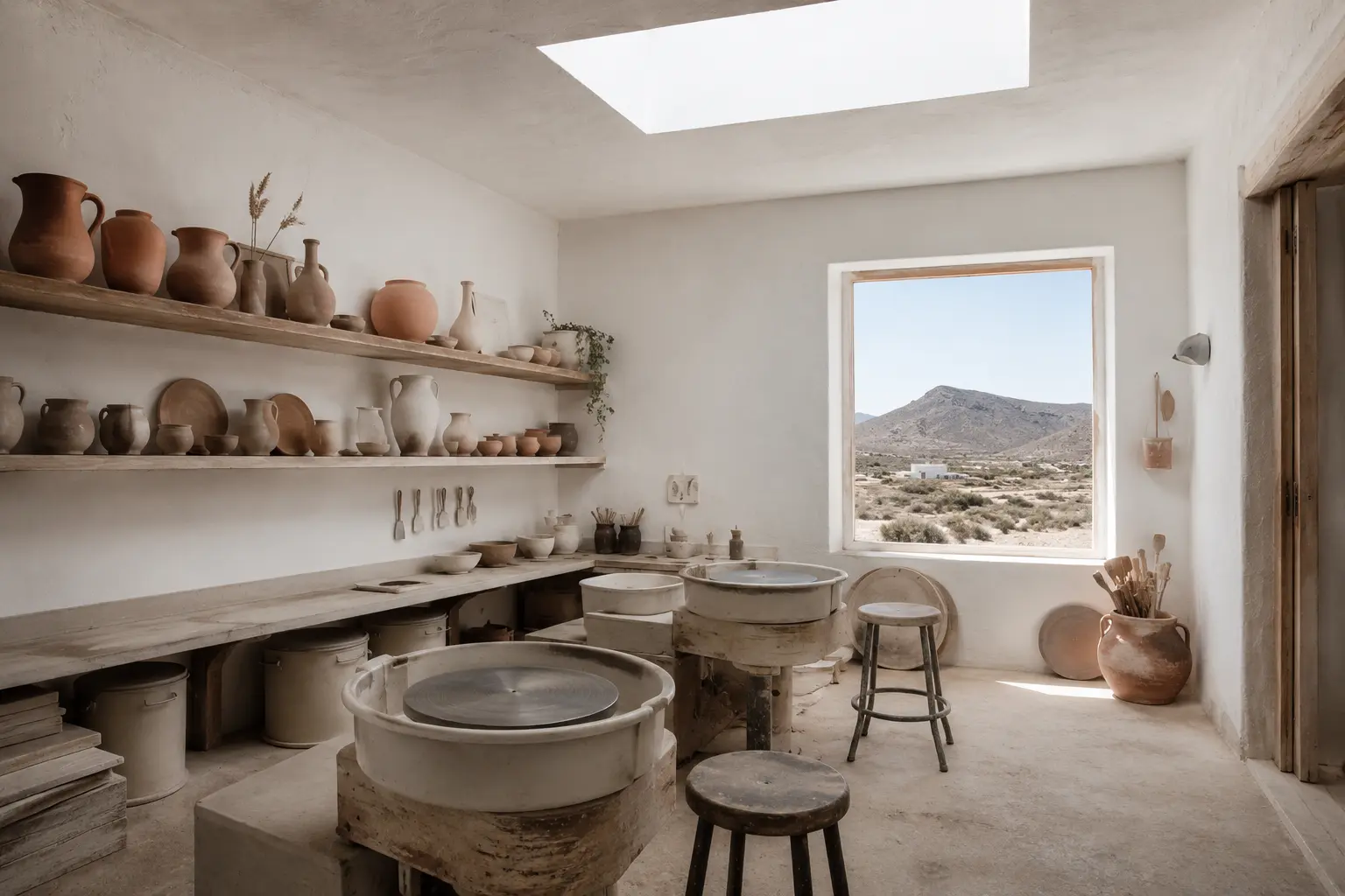 Taller de Cerámica — volumen blanco de un piso con lucernario norte en el paisaje de Níjar