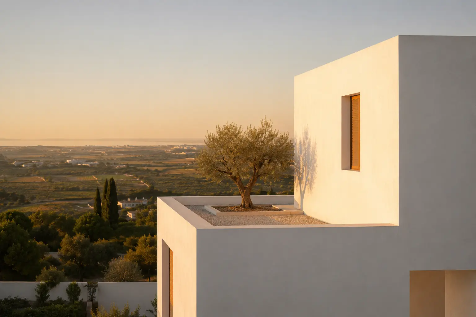 Torre del Aljarafe — casa cúbica blanca con olivo en azotea sobre el Aljarafe al atardecer