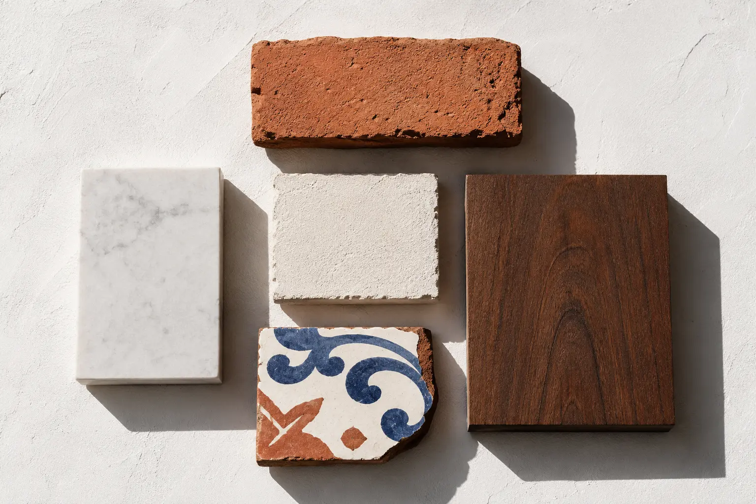 Paleta de materiales del estudio: ladrillo macizo, mármol de Macael, azulejo hidráulico, castaño y piedra